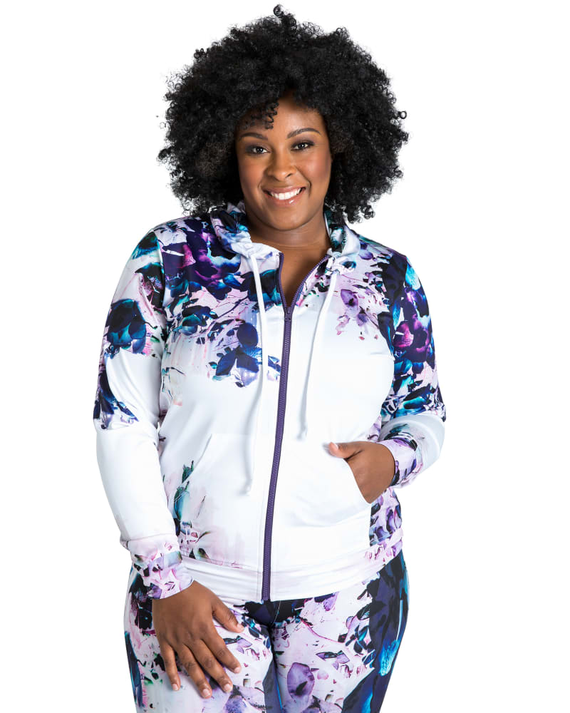 Front of a model wearing a size L Greta Zip-Up Floral Print Hoodie in floral by Poetic Justice. | dia_product_style_image_id:275454